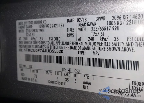 2018 Ford Escape S z USA, uszkodzony, nr VIN 1FMCU0F74JUB55520